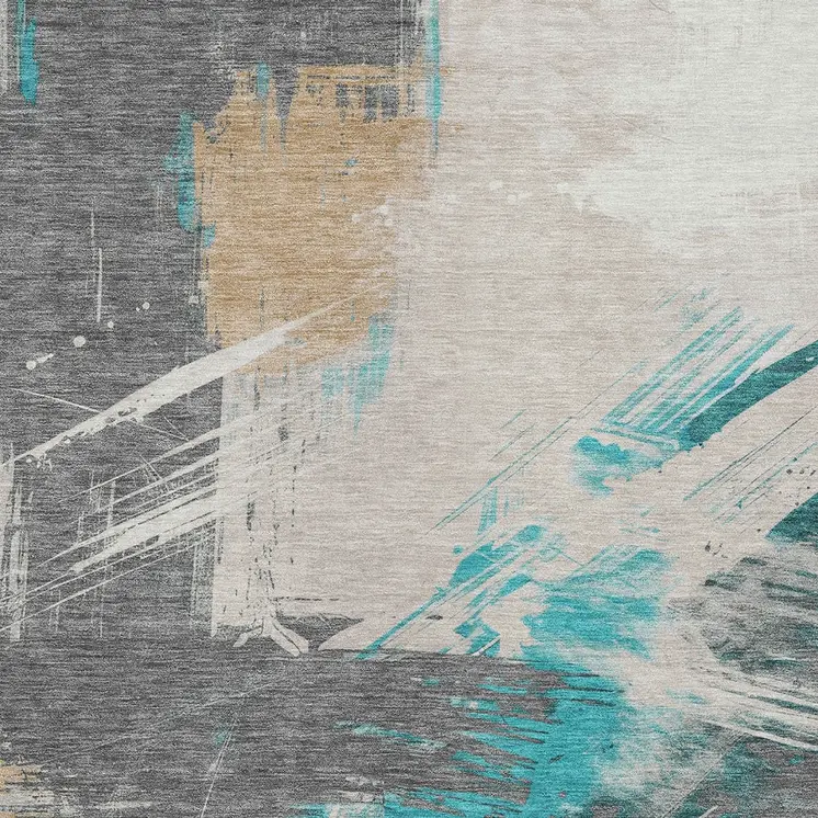 3' X 5' Teal Blue Charcoal And Beige Abstract Washable Indoor Outdoor Area Rug