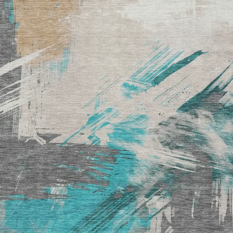 5' X 8' Teal Blue Charcoal And Beige Abstract Washable Indoor Outdoor Area Rug