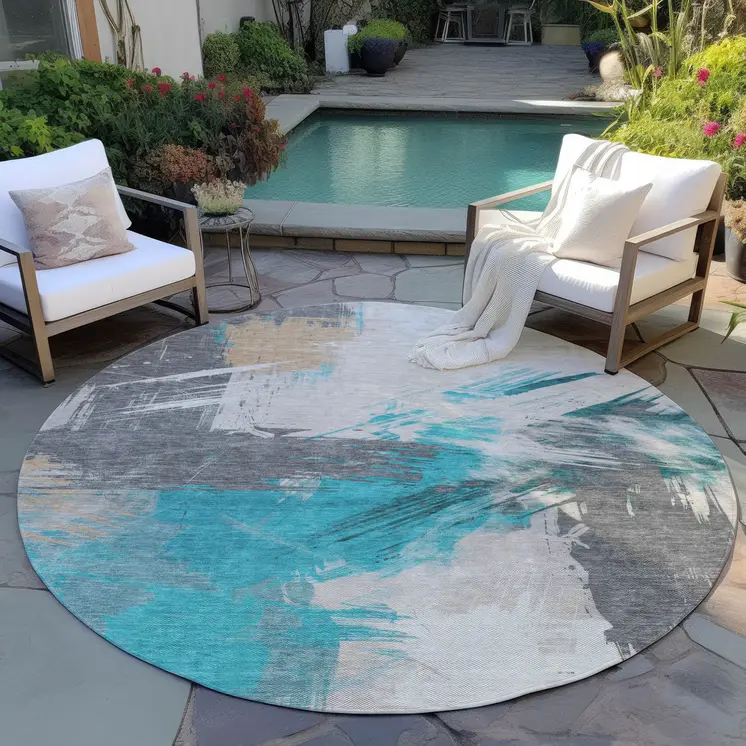 8' Teal Blue Charcoal And Beige Round Abstract Washable Indoor Outdoor Area Rug