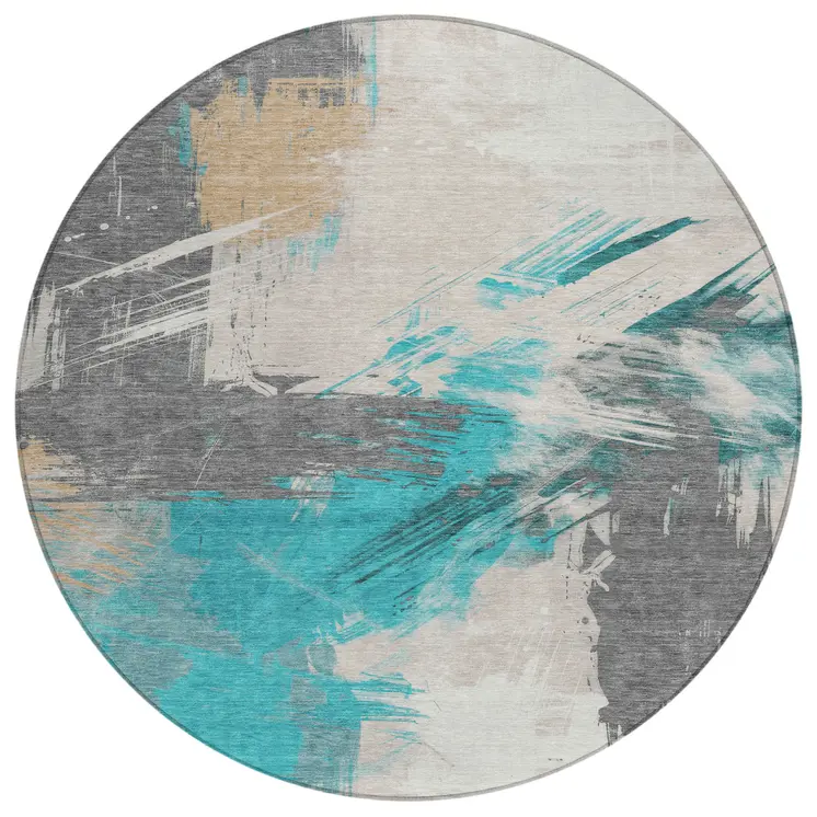 8' Teal Blue Charcoal And Beige Round Abstract Washable Indoor Outdoor Area Rug