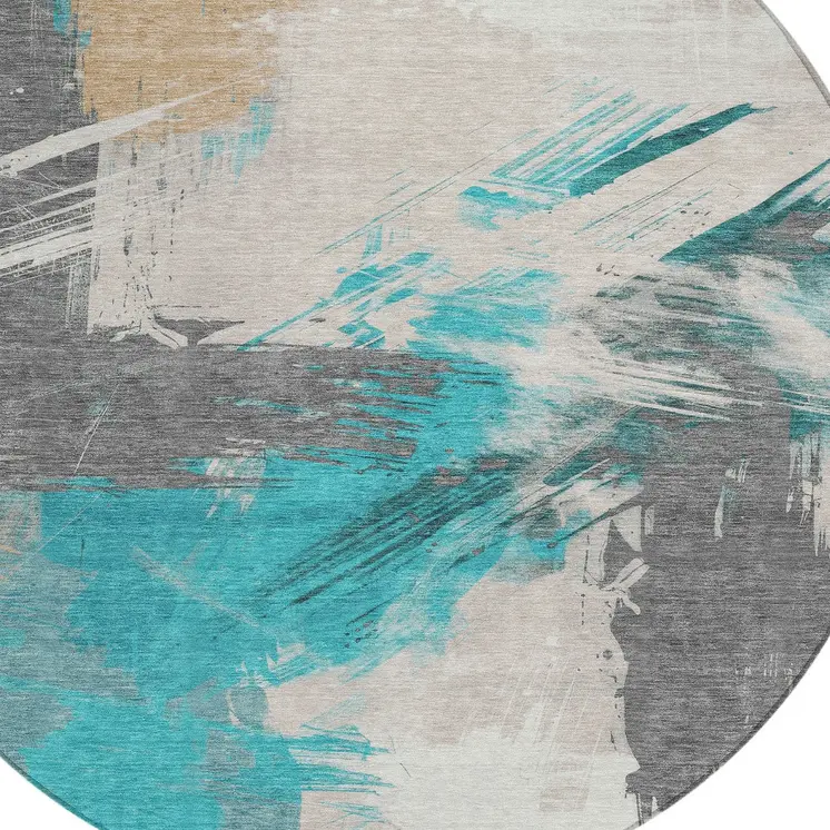 8' Teal Blue Charcoal And Beige Round Abstract Washable Indoor Outdoor Area Rug