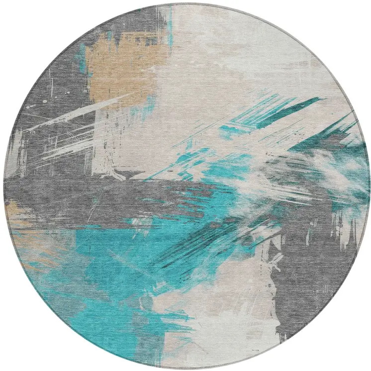 8' Teal Blue Charcoal And Beige Round Abstract Washable Indoor Outdoor Area Rug