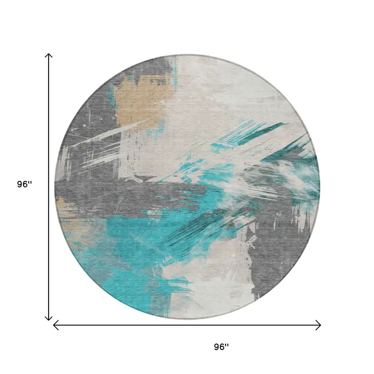 8' Teal Blue Charcoal And Beige Round Abstract Washable Indoor Outdoor Area Rug