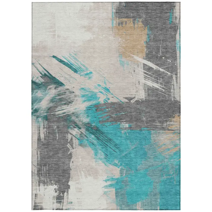 8' X 10' Teal Blue Charcoal And Beige Abstract Washable Indoor Outdoor Area Rug