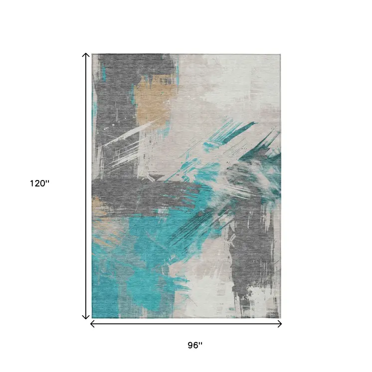 8' X 10' Teal Blue Charcoal And Beige Abstract Washable Indoor Outdoor Area Rug