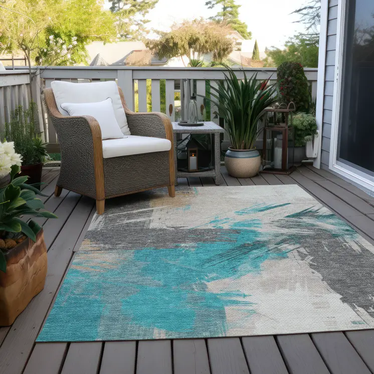 8' X 10' Teal Blue Charcoal And Beige Abstract Washable Indoor Outdoor Area Rug