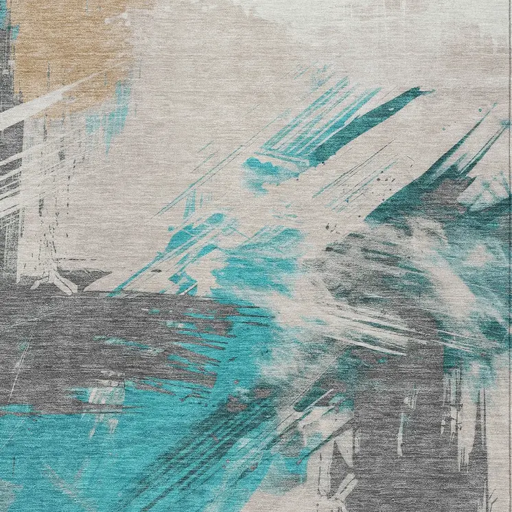 8' X 10' Teal Blue Charcoal And Beige Abstract Washable Indoor Outdoor Area Rug