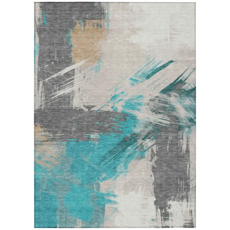 10' X 14' Teal Blue Charcoal And Beige Abstract Washable Indoor Outdoor Area Rug