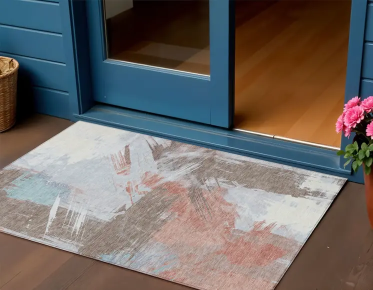 3' X 5' Taupe Copper And Ivory Abstract Washable Indoor Outdoor Area Rug