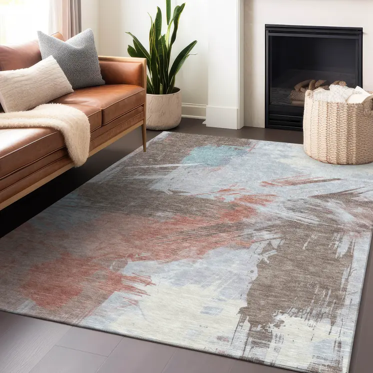 3' X 5' Taupe Copper And Ivory Abstract Washable Indoor Outdoor Area Rug
