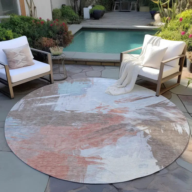 8' Taupe Copper And Ivory Round Abstract Washable Indoor Outdoor Area Rug