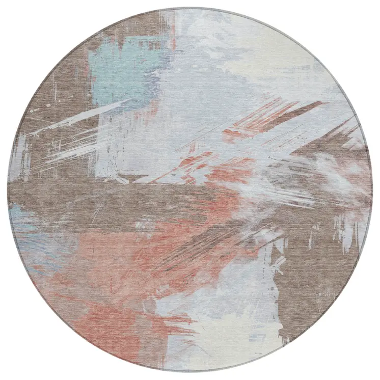 8' Taupe Copper And Ivory Round Abstract Washable Indoor Outdoor Area Rug