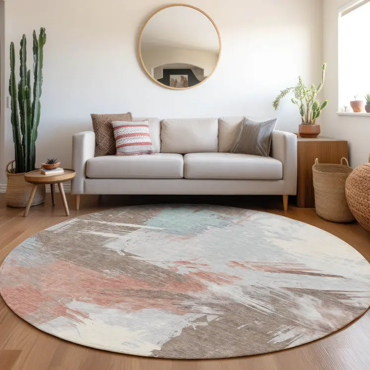 8' Taupe Copper And Ivory Round Abstract Washable Indoor Outdoor Area Rug