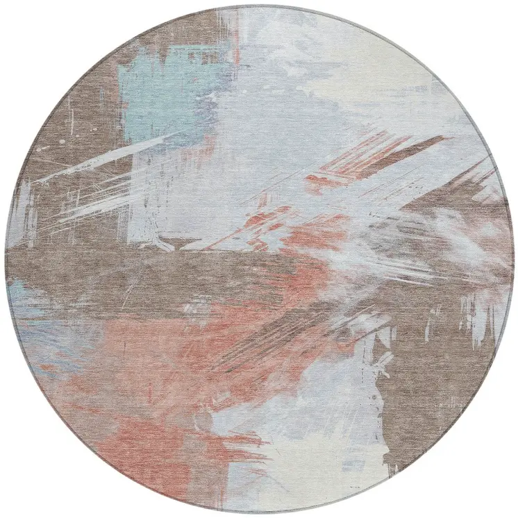 8' Taupe Copper And Ivory Round Abstract Washable Indoor Outdoor Area Rug