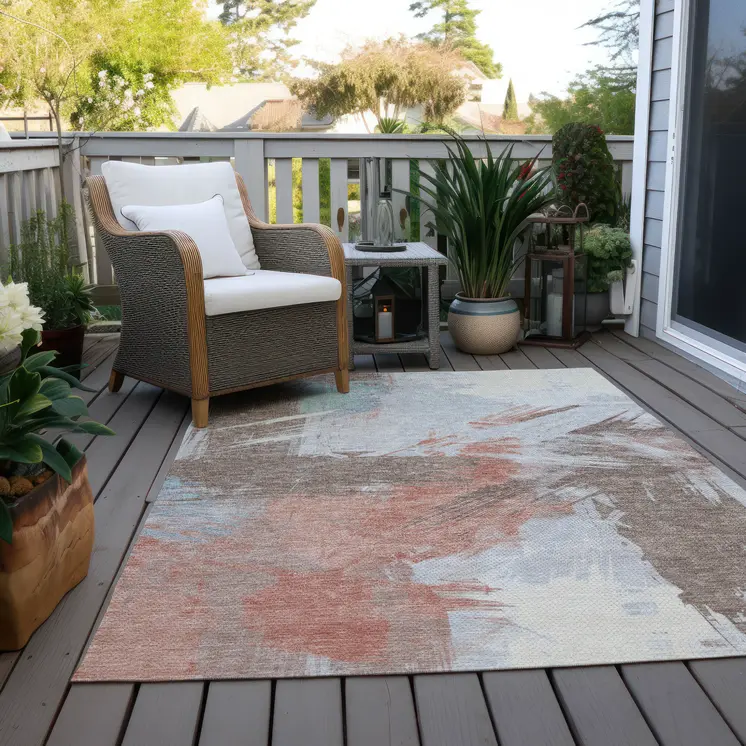 9' X 12' Taupe Copper And Ivory Abstract Washable Indoor Outdoor Area Rug