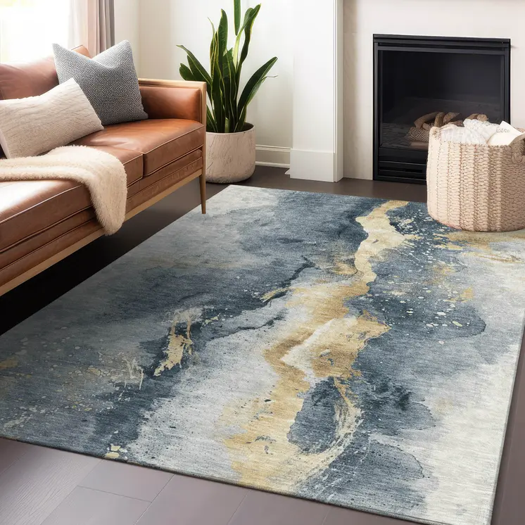 3' X 5' Graphite And Gold Abstract Washable Indoor Outdoor Area Rug