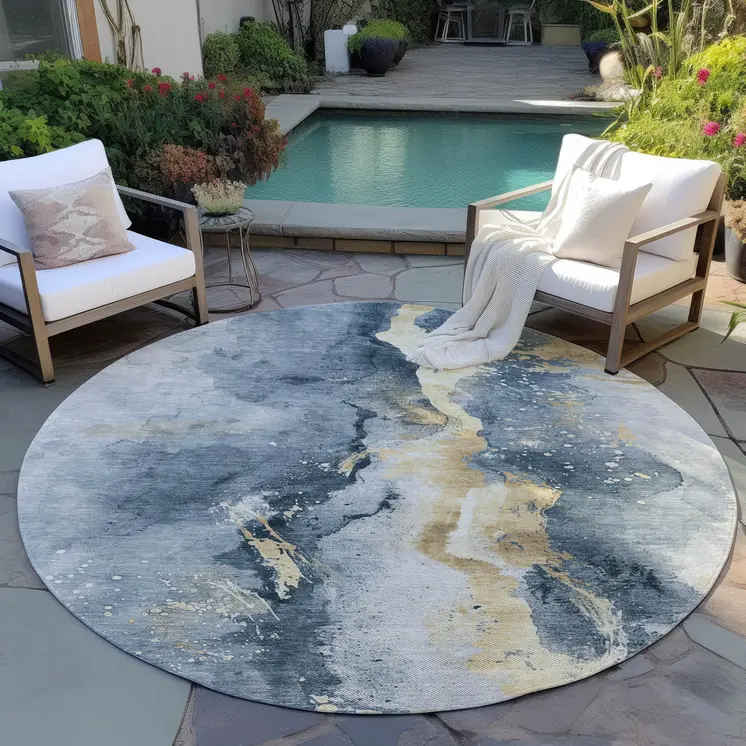 8' Graphite And Gold Round Abstract Washable Indoor Outdoor Area Rug