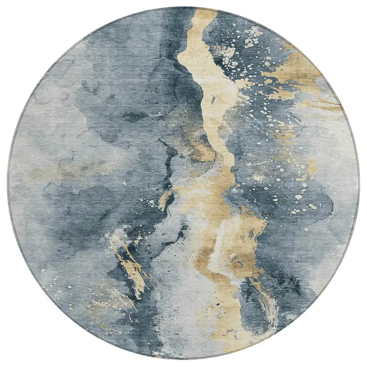 8' Graphite And Gold Round Abstract Washable Indoor Outdoor Area Rug