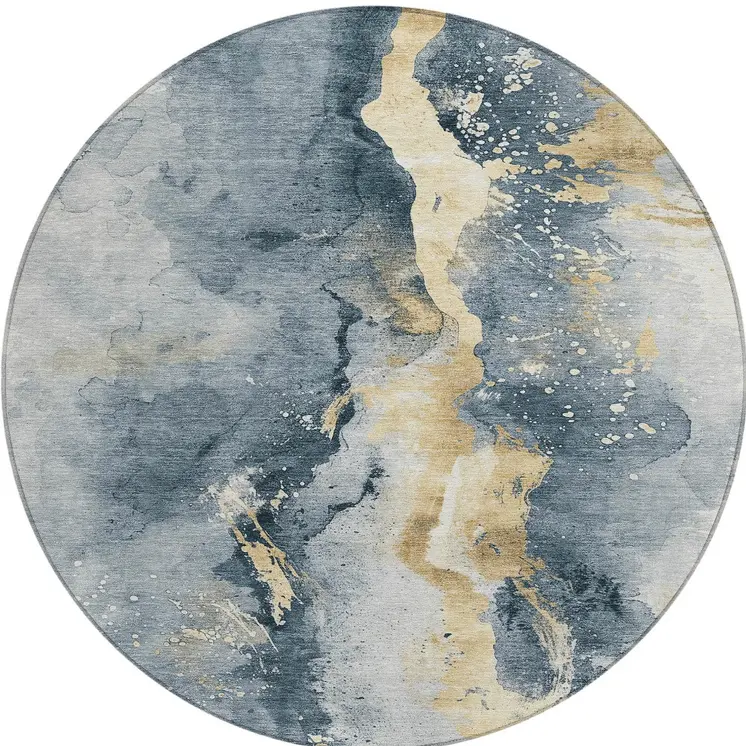 8' Graphite And Gold Round Abstract Washable Indoor Outdoor Area Rug