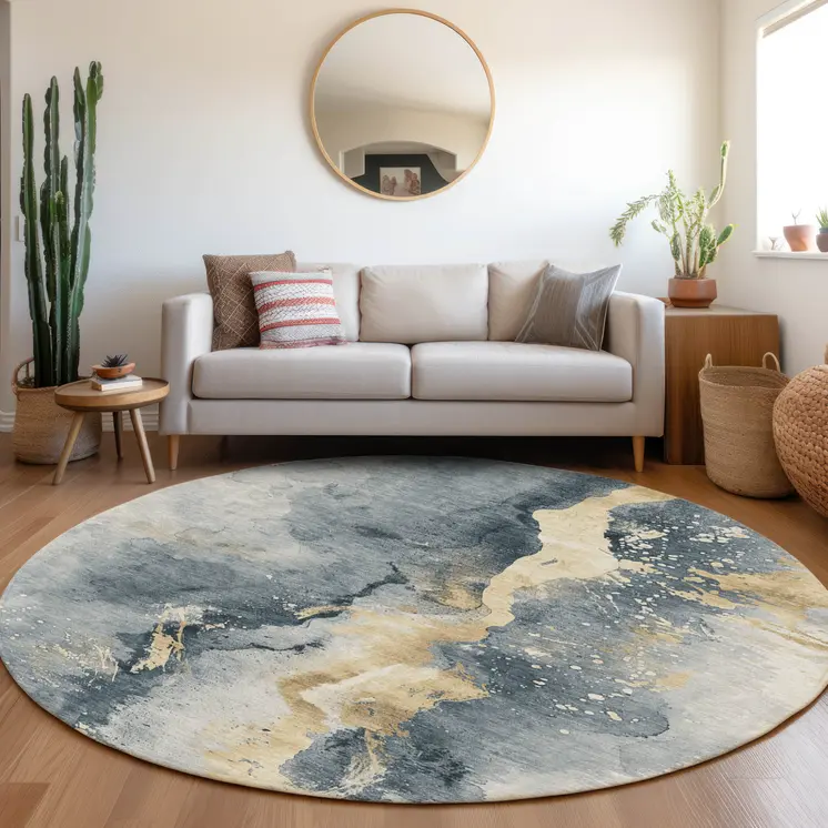 8' Graphite And Gold Round Abstract Washable Indoor Outdoor Area Rug