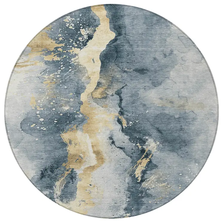 8' Graphite And Gold Round Abstract Washable Indoor Outdoor Area Rug