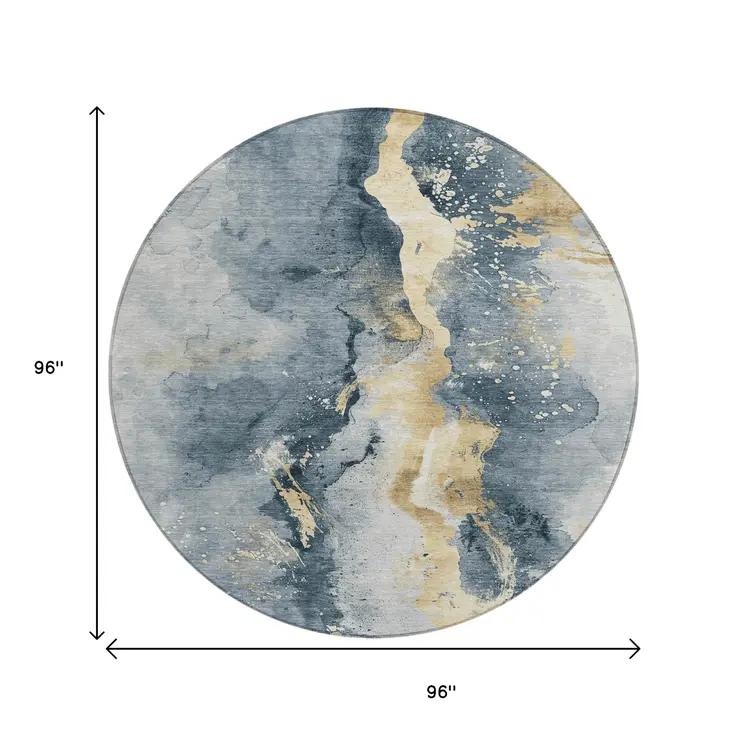 8' Graphite And Gold Round Abstract Washable Indoor Outdoor Area Rug