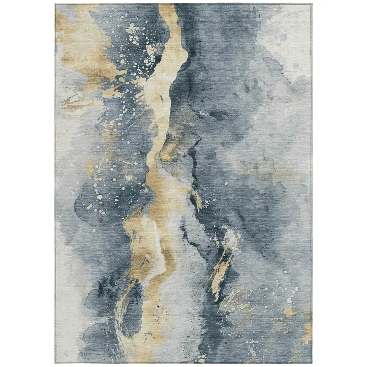 10' X 14' Graphite And Gold Abstract Washable Indoor Outdoor Area Rug