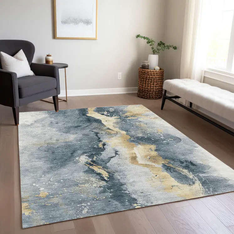10' X 14' Graphite And Gold Abstract Washable Indoor Outdoor Area Rug