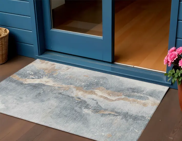 3' X 5' Gray Beige And Olive Green Abstract Washable Indoor Outdoor Area Rug