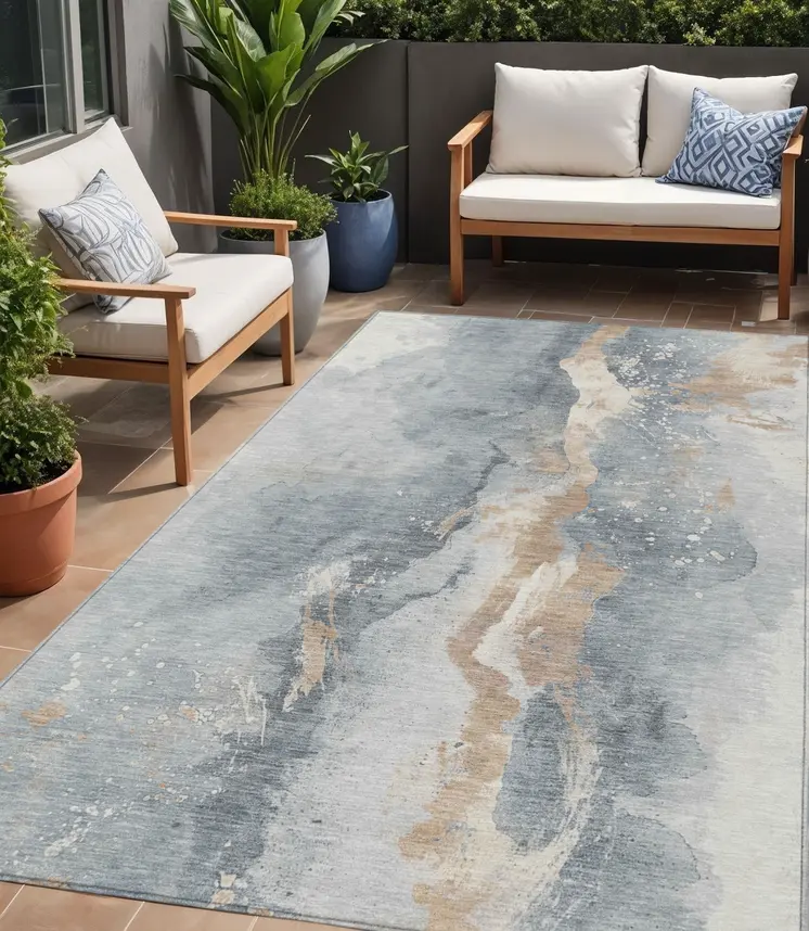 5' X 8' Gray Beige And Olive Green Abstract Washable Indoor Outdoor Area Rug