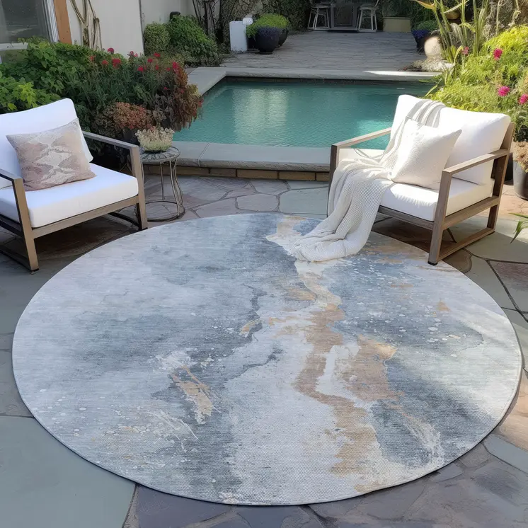 8' Gray Beige And Olive Green Round Abstract Washable Indoor Outdoor Area Rug