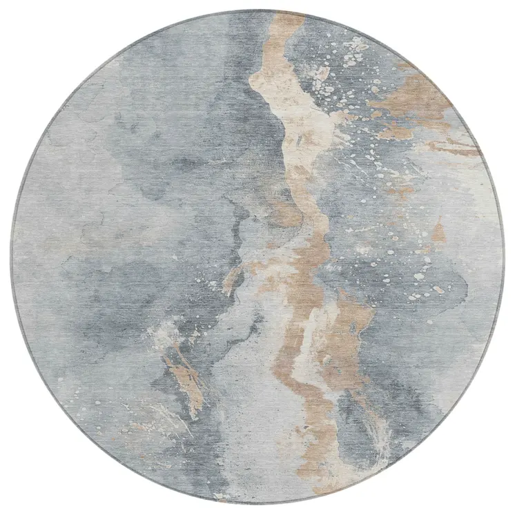8' Gray Beige And Olive Green Round Abstract Washable Indoor Outdoor Area Rug