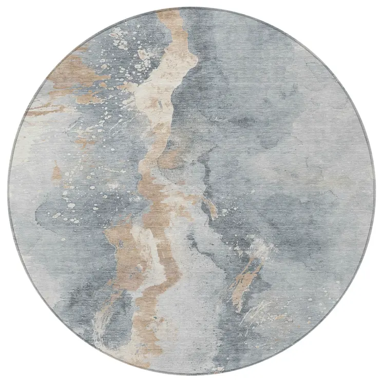 8' Gray Beige And Olive Green Round Abstract Washable Indoor Outdoor Area Rug