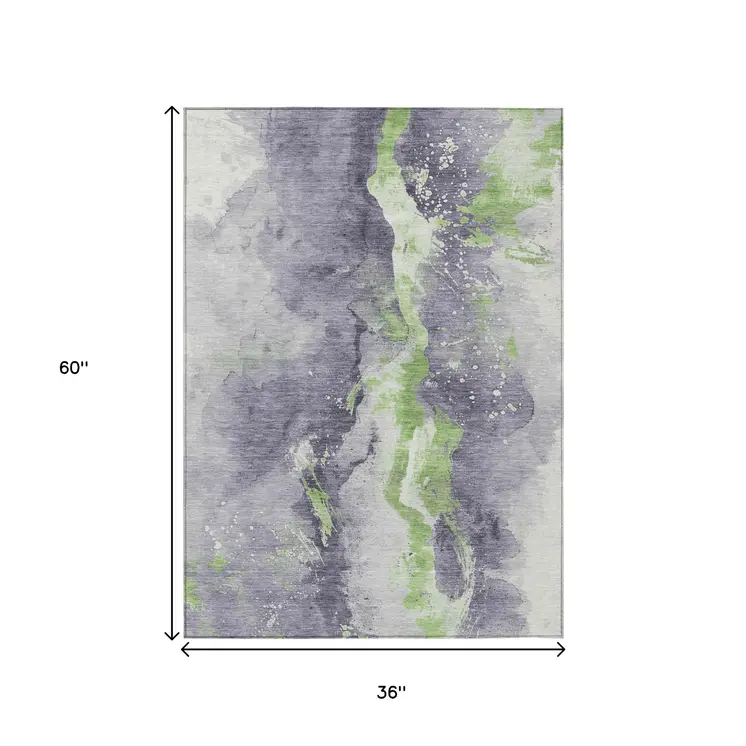 3' X 5' Lavender And Lime Green Abstract Washable Indoor Outdoor Area Rug