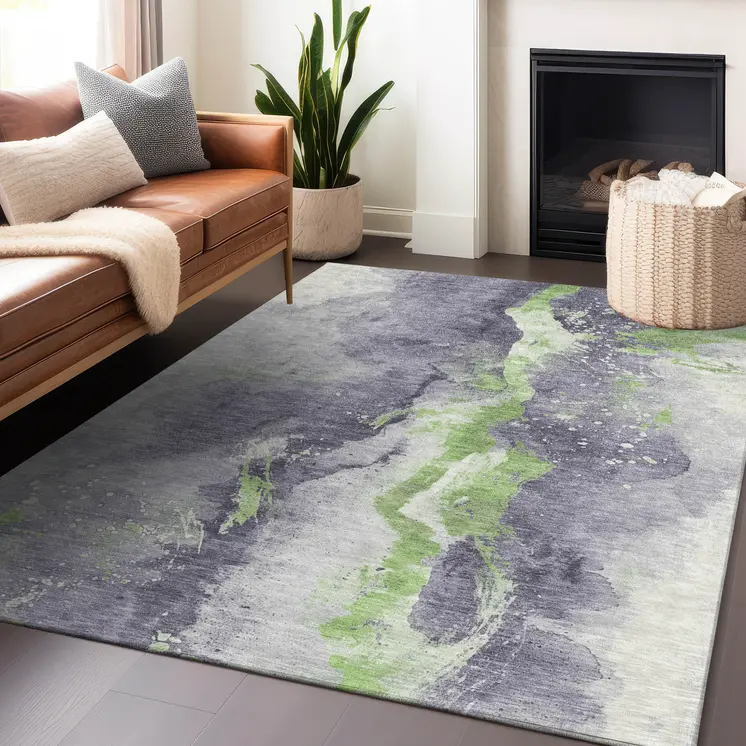3' X 5' Lavender And Lime Green Abstract Washable Indoor Outdoor Area Rug