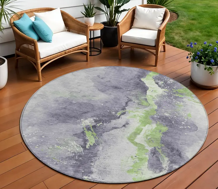 8' Lavender And Lime Green Round Abstract Washable Indoor Outdoor Area Rug