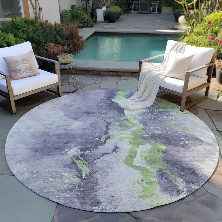 8' Lavender And Lime Green Round Abstract Washable Indoor Outdoor Area Rug