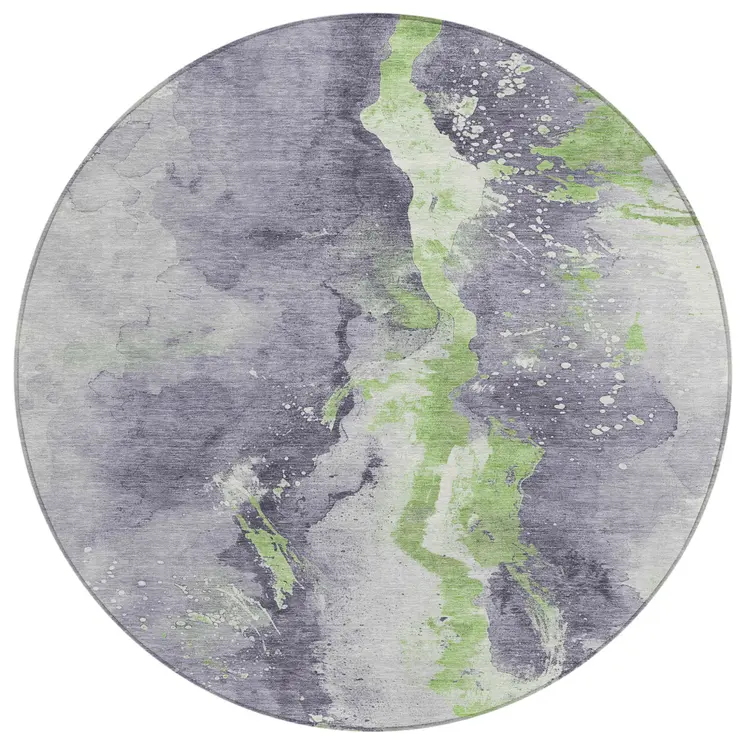 8' Lavender And Lime Green Round Abstract Washable Indoor Outdoor Area Rug