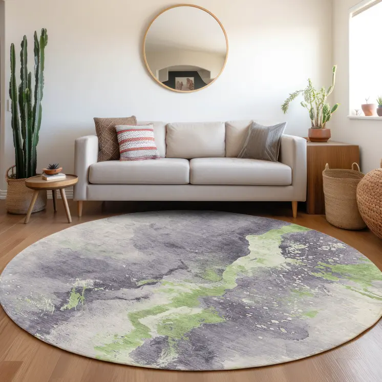 8' Lavender And Lime Green Round Abstract Washable Indoor Outdoor Area Rug