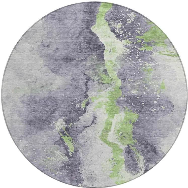 8' Lavender And Lime Green Round Abstract Washable Indoor Outdoor Area Rug