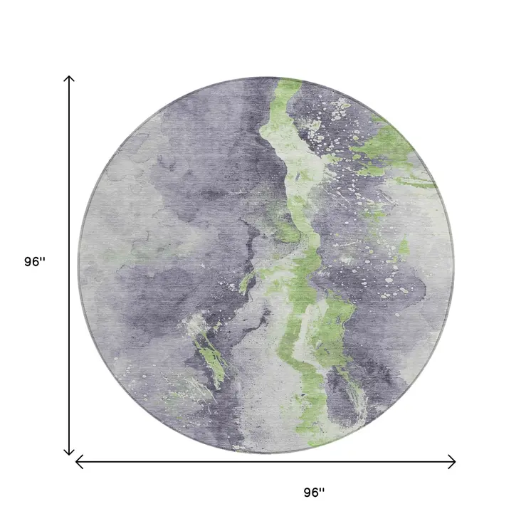 8' Lavender And Lime Green Round Abstract Washable Indoor Outdoor Area Rug