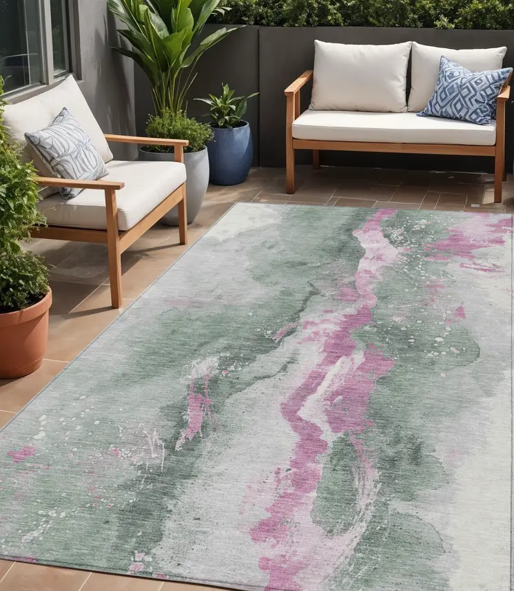 5' X 8' Sage And Mauve Abstract Washable Indoor Outdoor Area Rug