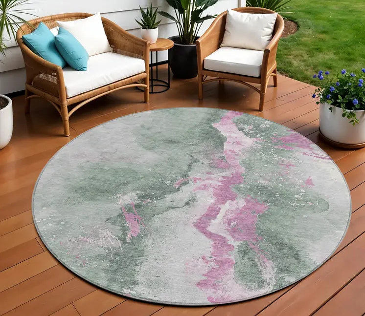 8' Sage And Mauve Round Abstract Washable Indoor Outdoor Area Rug