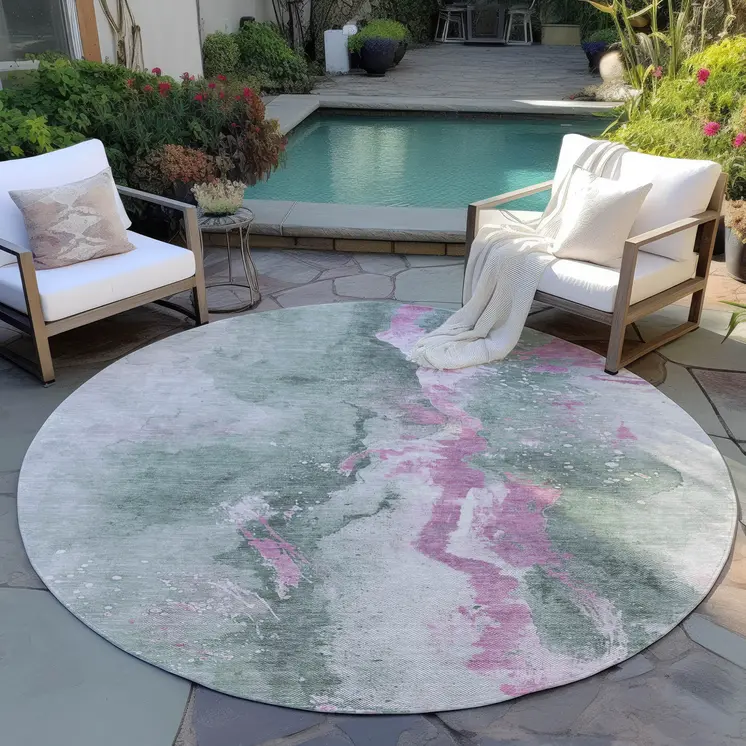 8' Sage And Mauve Round Abstract Washable Indoor Outdoor Area Rug