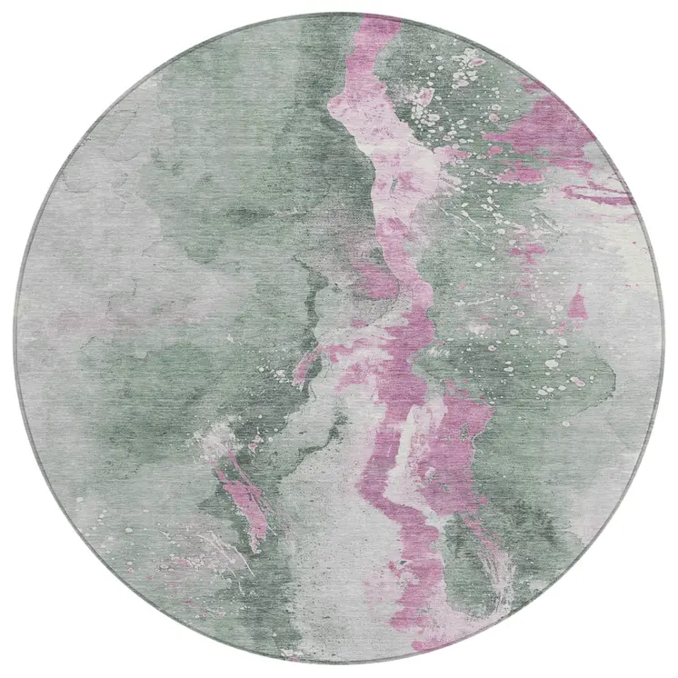 8' Sage And Mauve Round Abstract Washable Indoor Outdoor Area Rug