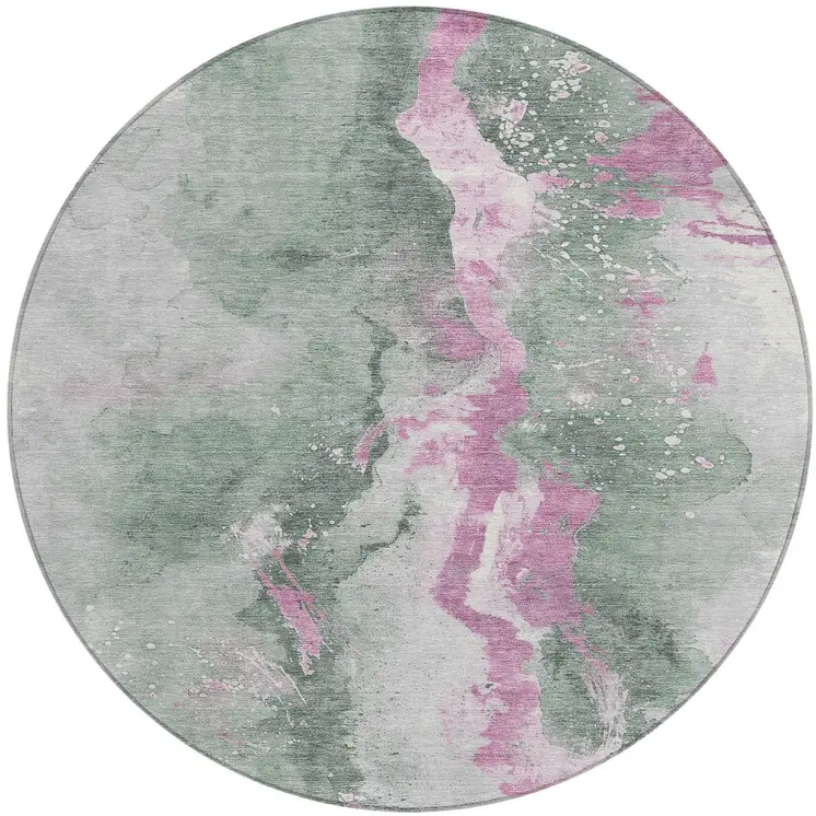 8' Sage And Mauve Round Abstract Washable Indoor Outdoor Area Rug
