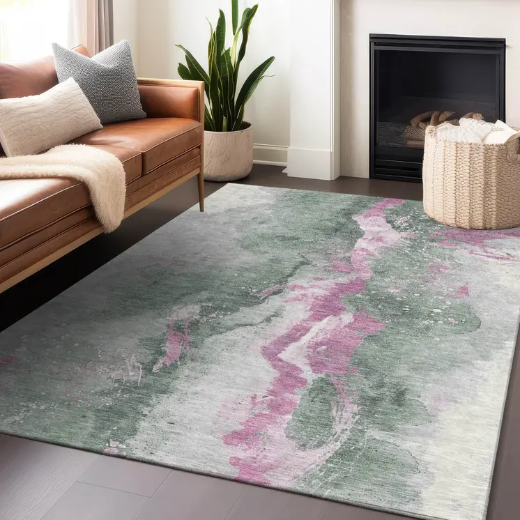 9' X 12' Sage And Mauve Abstract Washable Indoor Outdoor Area Rug