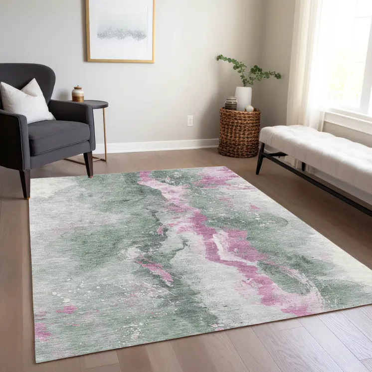 9' X 12' Sage And Mauve Abstract Washable Indoor Outdoor Area Rug