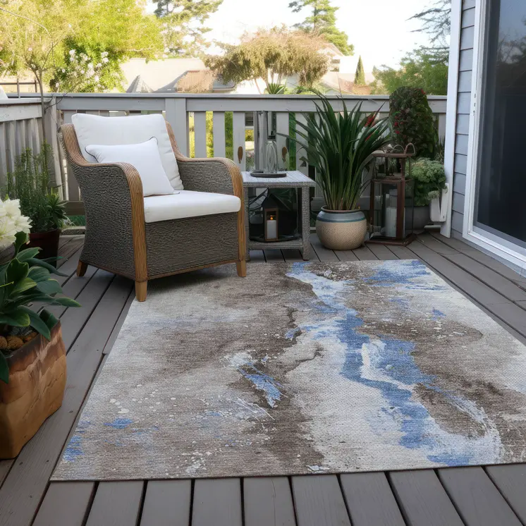 3' X 5' Taupe And Blue Abstract Washable Indoor Outdoor Area Rug