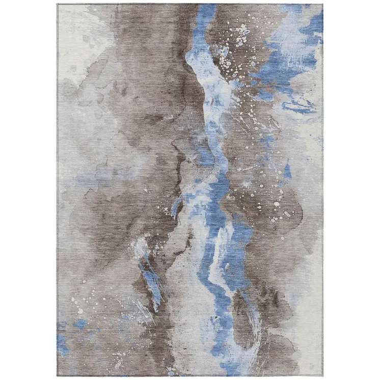 3' X 5' Taupe And Blue Abstract Washable Indoor Outdoor Area Rug